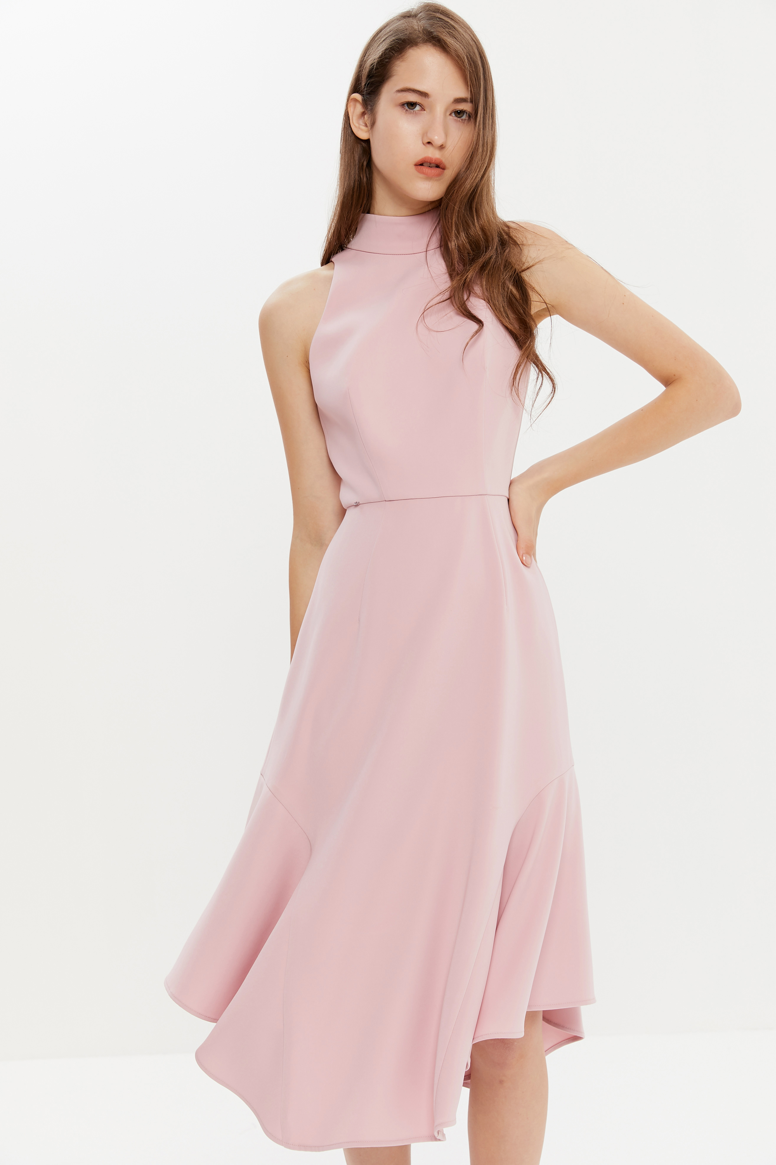 dplay德帕拉2018秋新品欧美v领开叉袖荷叶边鱼尾裙简约连衣裙 粉色 l